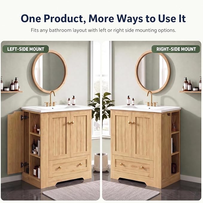 IRONCK Bathroom Vanity with Ceramic Sink, 30" Bathroom Cabinet, Natural | Features a Ceramic Sink, 3 Doors, 1 Drawer and Flexible Side Storage for Organized Bathroom Storage