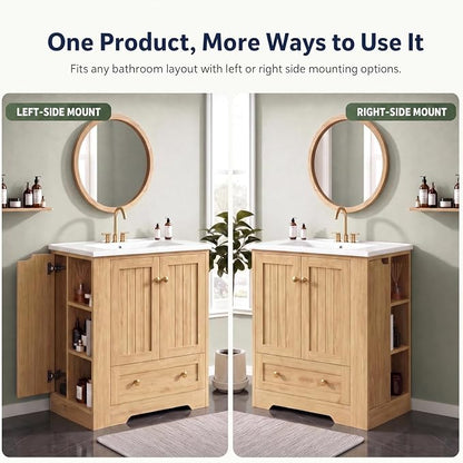 IRONCK Bathroom Vanity with Ceramic Sink, 30" Bathroom Cabinet, Natural | Features a Ceramic Sink, 3 Doors, 1 Drawer and Flexible Side Storage for Organized Bathroom Storage
