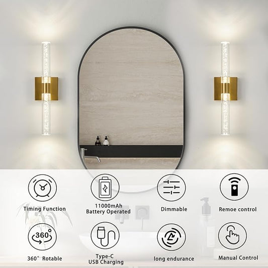 Battery Operated Wall Sconce Set of Two, Rechargeable Modern Crystal Bathroom Sconces, 3000K-6000K Dimmable Gold LED Wireless Wall Lights for Vanity Bedroom Living Room Hallway