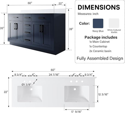 60-Inch Bathroom Vanity with Double Sinks W/ 4 Doors & 4 Drawers & 2 Flip Drawers, Navy Blue Vanity W/Matte Black Handles