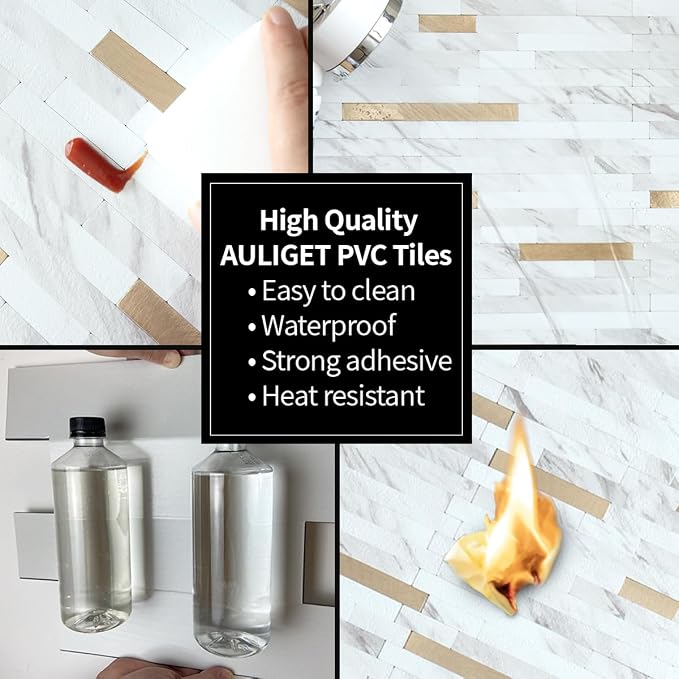 AULIGET 2 Sheets Faux Stone White Marble Peel and Stick Backsplash, PVC Mixed Metal Champagne Gold Wall Tile Stick on Backsplash for Kitchen and Bathroom