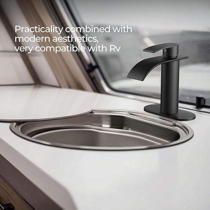FORIOUS Waterfall Matte Black Bathroom Faucet 1 Hole, Single Handle Bathroom Sink Faucets for 1 or 3 Hole with Deck Plate, Metal Pop up Drain, cUPC Hoses for Vanity, Basin, Rv, Lavatory Sink