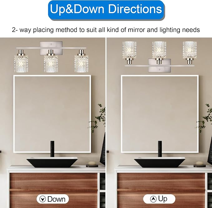 MELUCEE 3 Lights Bathroom Light Fixtures Brushed Nickel | Modern Vanity Lights Indoor Wall Mounted Light with Hammered Glass Shade Suitable for Bathroom Living Room Hallway