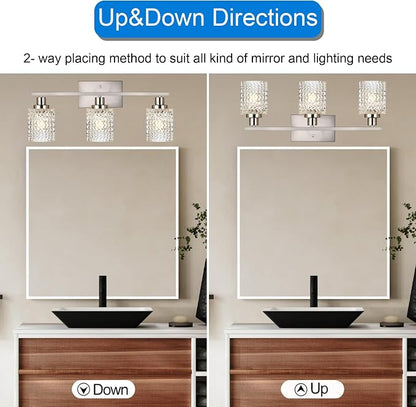 MELUCEE 3 Lights Bathroom Light Fixtures Brushed Nickel | Modern Vanity Lights Indoor Wall Mounted Light with Hammered Glass Shade Suitable for Bathroom Living Room Hallway