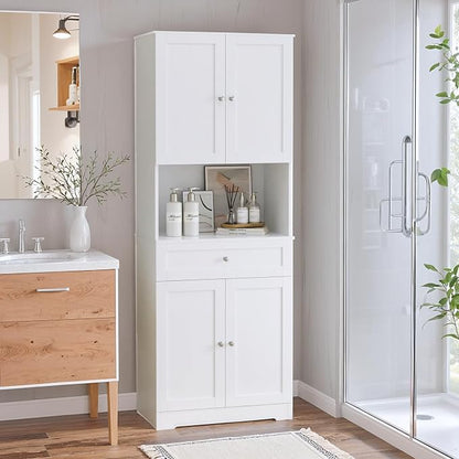 HIFIT Tall Bathroom Storage Cabinet with Drawer, Modern Linen Cabinet,White | 67"H Tall Storage Cabinet with Doors & Shelves, Freestanding Kitchen Pantry for Bathroom, Dining Room, Laundry, Narrow Corner