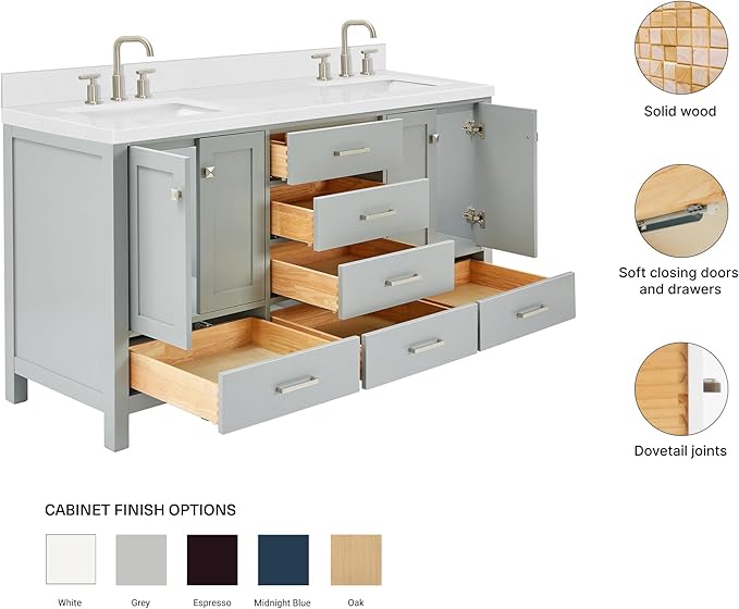 ARIEL Cambridge 66-inch Bathroom Vanity with Sink,Solid Wood, 1.5-inch Carrara White Quartz Countertop, Double Rectangular Porcelain Sink, 4 Soft Closing Doors, 6 Dovetail Drawers, Grey