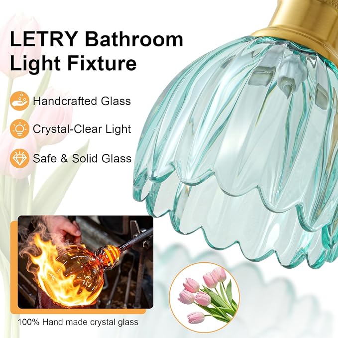 Bathroom Light Fixtures, 5-Light Brushed Gold Vanity Lights for Bathroom with Blue Tulip Glass Shade, 30" Vintage Bathroom Vanity Lighting Fixtures Over Mirror for Bedroom Living Room Hallway