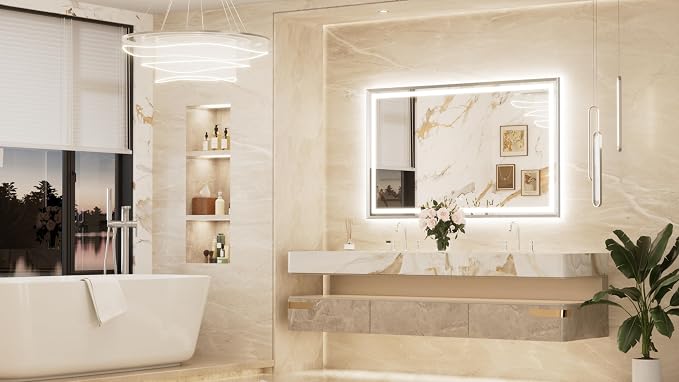 Keonjinn 60x36 Inch Brushed Nickel LED Bathroom Mirror with Lights | Frontlit & Backlit, Lighted Bathroom Mirror, HD Tempered Glass, 3 Color Temperatures, Anti-fog, Stepless Dimmable