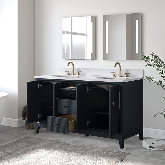Vanity Art 60" Bathroom Vanity with Double Sink & Arabescato White Engineered Stone Top, Soft Closing Door, Solid Wood Frame, Golden Brushed Handles, Vintage Spruce Blue VA8160D-VSB-GB