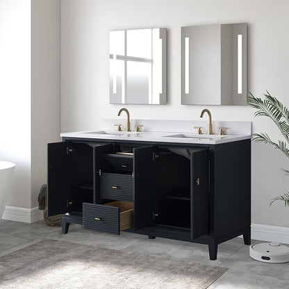 Vanity Art 60" Bathroom Vanity with Double Sink & Arabescato White Engineered Stone Top, Soft Closing Door, Solid Wood Frame, Golden Brushed Handles, Vintage Spruce Blue VA8160D-VSB-GB