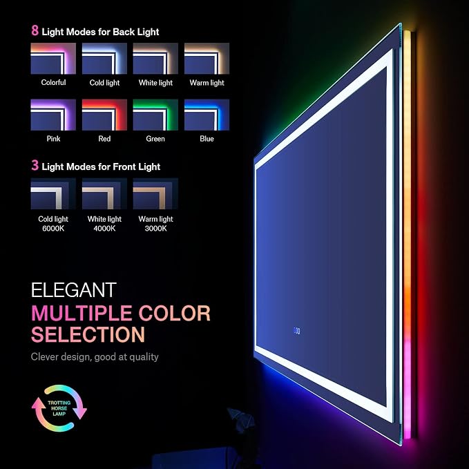 LOAAO 72"X40" RGB LED Bathroom Mirror with Lights, UL Listed | Anti-Fog, Dimmable, RGB Backlit + Front Lighted, Memory Function, Tempered Glass