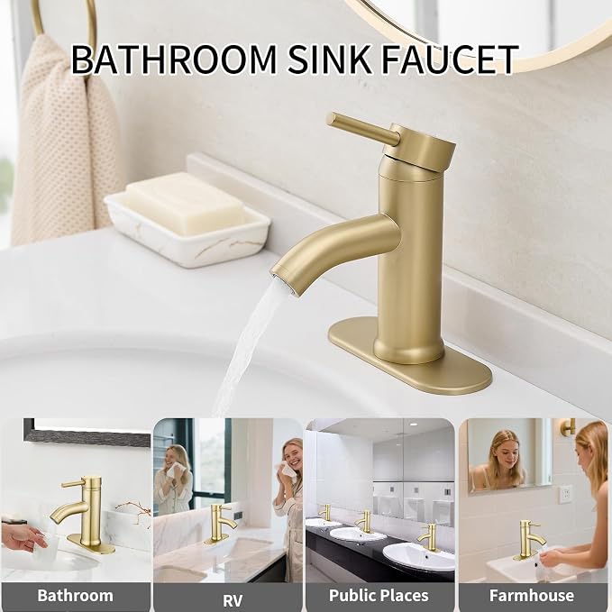 Brushed Gold Bathroom Faucets Single Hole Bathroom Sink Faucet | Modern Single Handle Bathroom Faucte 1 or 3 Hole, RV Sink Vanity Faucet (with Drain, Brushed Gold)