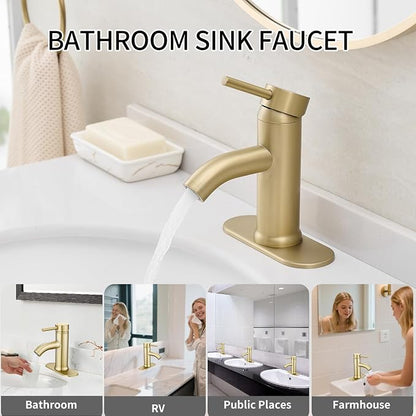 Brushed Gold Bathroom Faucets Single Hole Bathroom Sink Faucet | Modern Single Handle Bathroom Faucte 1 or 3 Hole, RV Sink Vanity Faucet (with Drain, Brushed Gold)