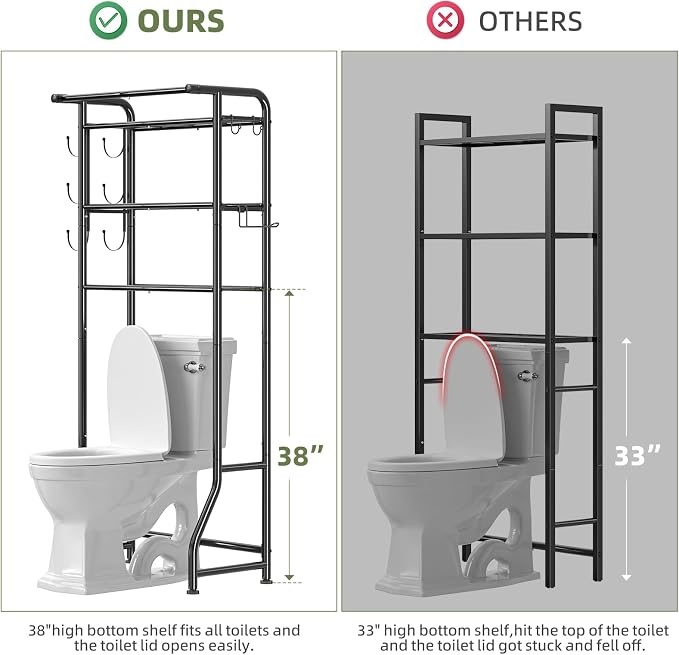 Simple Trending Over The Toilet Storage Cabinet, Metal Bathroom Shelf Organizer with Paper Holder and Hooks, 3 Tier, Black