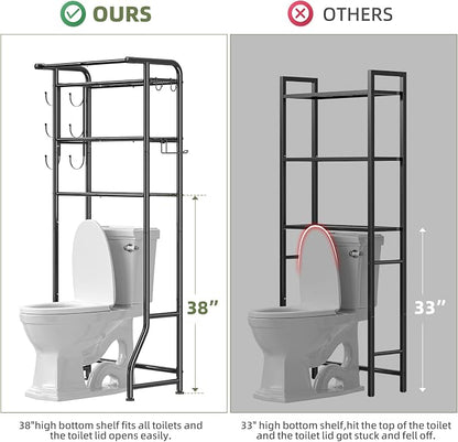 Simple Trending Over The Toilet Storage Cabinet, Metal Bathroom Shelf Organizer with Paper Holder and Hooks, 3 Tier, Black