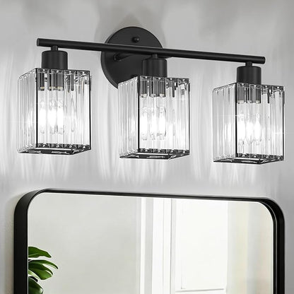 3 Light Bathroom Light Fixtures, Modern Crystal Vanity Lights over Mirror | Metal Frame, Bathroom Light with Square Crystal Shade, ETL Certified, E26 Ceramic Socket, Bulbs Not Included