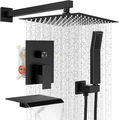 10" Rain Shower Faucet Set with Tub Spout, Matte Black | Anti-scald cartridge, air tech boosts pressure 50%, 3-func diverter, NPT 1/2