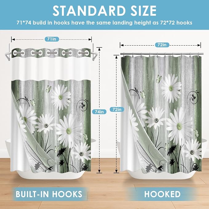 No Hook Shower Curtain with Snap in Liner 71x74 Inch Daisy Green | Farmhouse Rustic Butterfly Modern Double Layers Waterproof Fabric with See Through Top Window Open Grommet Bath Curtain