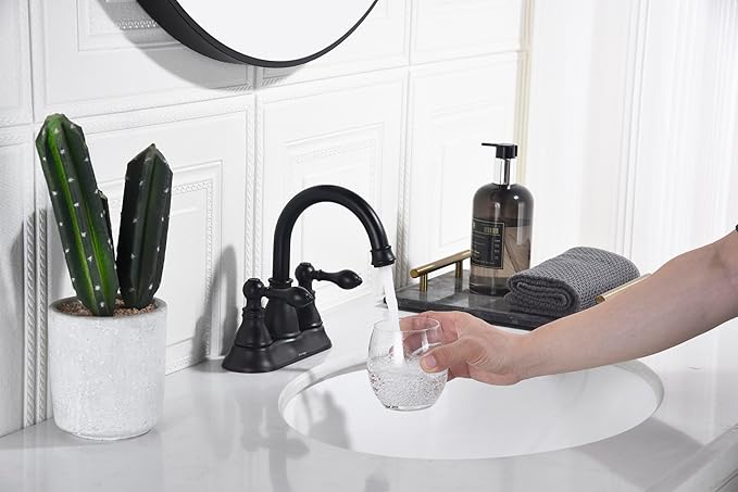 Two Handle Bathroom Sink Faucet - Matte Black 3 Hole with Overflow Pop up Drain, 360 Swivel Spout, Centerset Lavatory Faucet, F-4501-MT