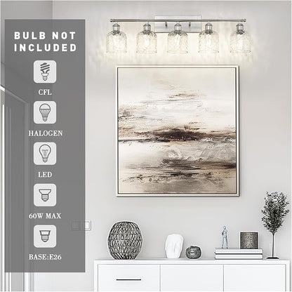 zeyu Modern Brushed Nickel Bathroom Lights Fixture, 35 Inch 5 Light Vanity Lighting Over Mirror, Brushed Nickel Finish with Clear Hammered Glass, ZJF63B-5W BN
