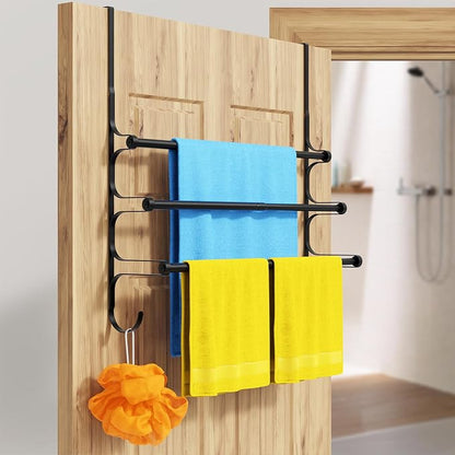 CANYAVE Over The Door Towel Rack, Extendable Triple Towel Storage Holder with Hooks, 24.02 Inches Towel Bar Hanger Towel Racks for Bathroom (Black)