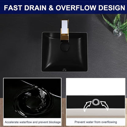 Small Black Undermount Bathroom Sink 14.4x12.7 Inch Vessel Sink Matte Black Bathroom Under Counter Lavatory Vanity Sink Basin Rectangular Porcelain Ceramic Undermount Sinks with Overflow