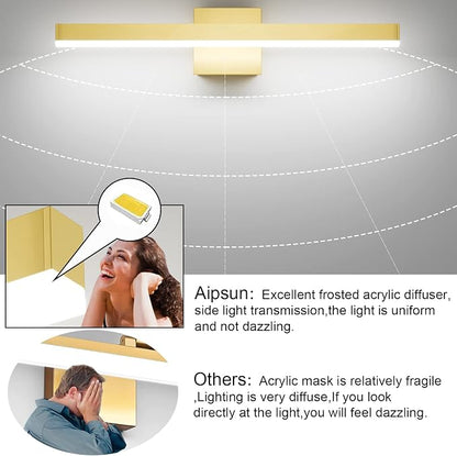 Aipsun Gold Bathroom Light Fixtures Modern LED Vanity Lights Over Mirror 24inch Vanity Lighting Adjustable Gold Wall Light for Bathroom （Cold White 6000K）