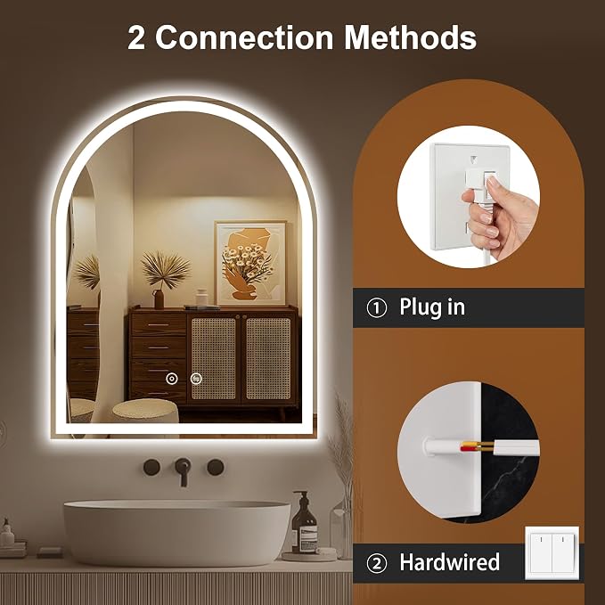 Arched LED Bathroom Mirror with Lights, 28" x 36" Lighted Vanity Mirror | Anti-Fog, Dimmable 3 Colors, Backlit + Frontlit, HD Shatterproof Tempered Glass, Memory Function