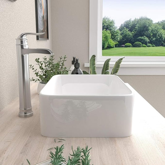 Mocoloo Rectangle Vessel Sink 19"x15" Ceramic Bathroom Sinks White Porcelain Lavatory Small Vanity Sink Basin without Overflow Drain Above Countertop Installation