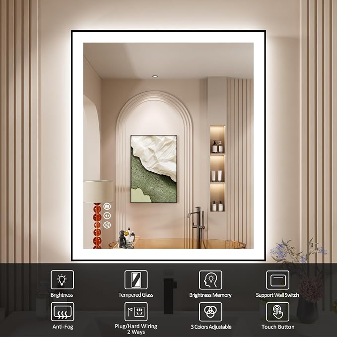 30x36 Inch LED Bathroom Mirror with Black Frame | Black Metal Frame, Front and Backlit, 3 Colors, Dimmable, Memory, Anti Fog, Tempered Glass, Lighted Mirror for Wall