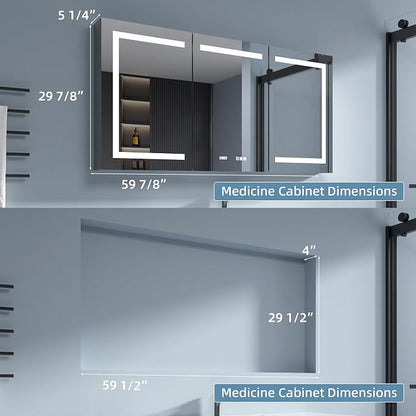 Medicine Cabinet with Lights 60x30 Anti-Fog Mirror Dimmable | 3 Color Dimmable LED. Time/Temp Display. Anti-Fog IP44. 2 Outlets+2 USB. Plug-in/Hardwired. Recessed/Wall Mount.