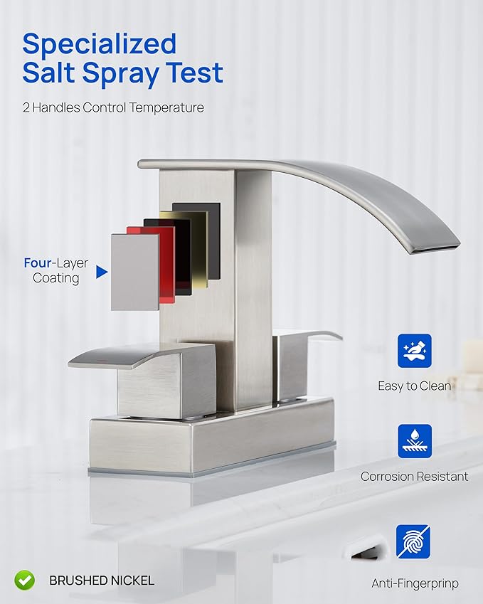 Waterfall Bathroom Sink Faucet Set with Pop Up Drain Stopper & Supply Lines - 4 Inch 2 Handles Centerset Faucet 2 or 3 Hole Lavatory Faucet Bathroom Vanity Mixer Tap Basin Faucets Brushed Nickel