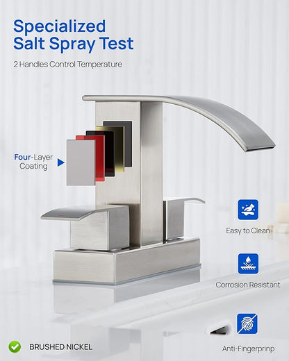 Waterfall Bathroom Sink Faucet Set with Pop Up Drain Stopper & Supply Lines - 4 Inch 2 Handles Centerset Faucet 2 or 3 Hole Lavatory Faucet Bathroom Vanity Mixer Tap Basin Faucets Brushed Nickel
