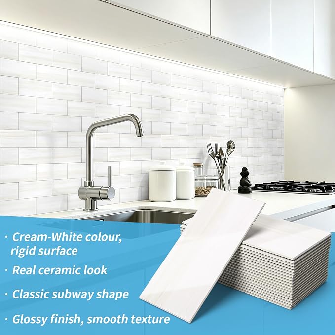 Art3d 102-Piece Peel and Stick Wall Tile for Kitchen Backsplash, Bathroom, Fireplace, 3in. × 6in. Stick on Subway Tile, Cream-White