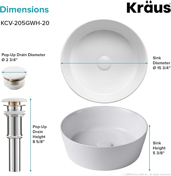 KRAUS Viva™ Round White Porcelain Ceramic Vessel Bathroom Sink with Pop-Up Drain, 15 3/4 in. D x 5 3/8 in. H, KCV-205GWH