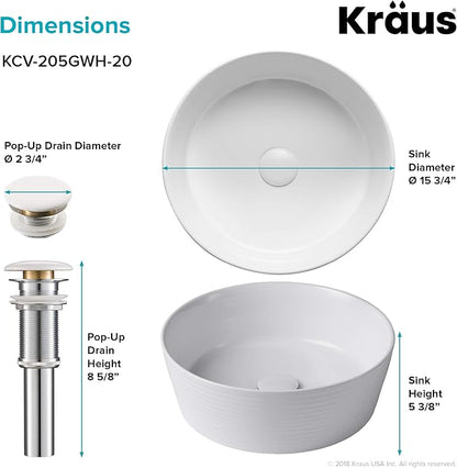 KRAUS Viva™ Round White Porcelain Ceramic Vessel Bathroom Sink with Pop-Up Drain, 15 3/4 in. D x 5 3/8 in. H, KCV-205GWH