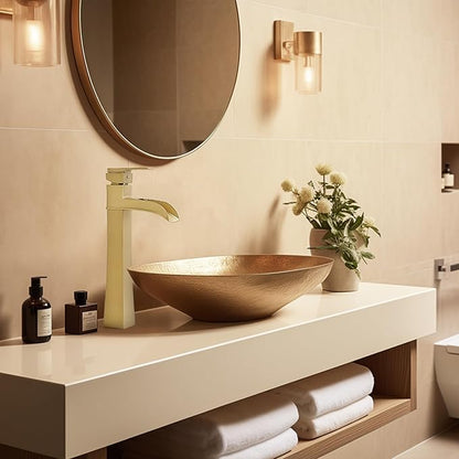 Brass Vessel Sink Faucets, Brushed Gold Tall Bathroom Faucet Single Handle, 1 Hole Bathroom Sink Faucet Waterfall Farmhouse Single Faucet Bathroom Sink with Pop-Up Drain & Pre-Installed Hoses