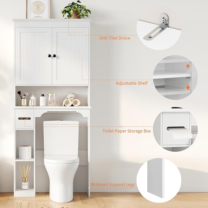 GarveeHome Over the Toilet Cabinet, Double Door Bathroom Storage Organizer, Toilet Rack with Open Storage Shelf, FreeStanding Toilet Shelf Space Saver, for Bathroom, Restroom, Laundry