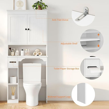 GarveeHome Over the Toilet Cabinet, Double Door Bathroom Storage Organizer, Toilet Rack with Open Storage Shelf, FreeStanding Toilet Shelf Space Saver, for Bathroom, Restroom, Laundry