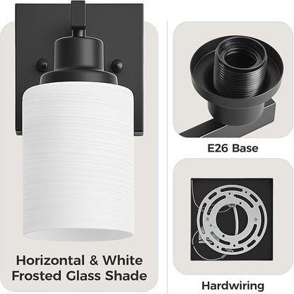 Set of 2 Wall Sconces for Bathroom, Black 1 Light Bathroom Vanity Light,Modern Wall Sconces Indoor with White Glass Shades,Farmhouse Wall Lamp for Bedroom Living Room Mirror Hallway