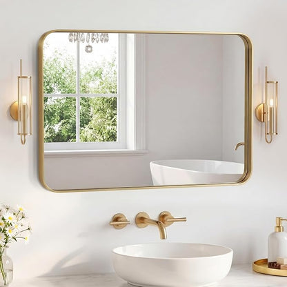 Sweetcrispy Bathroom Mirror 40x30 Inch, Vanity Mirror for Wall | Metal Framed Rounded Rectangle, Over Sink, Farmhouse, Restroom, Anti-Rust, Horizontal or Vertical Hanging, Gold