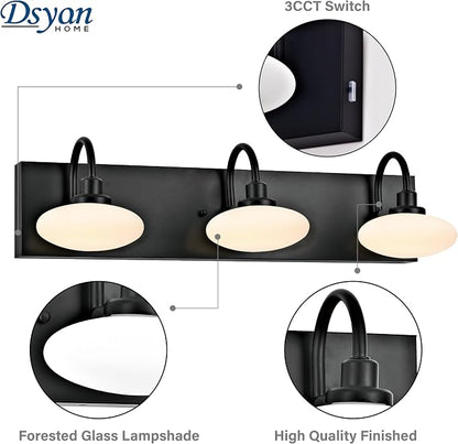 3-Light Matt Black Bathroom Vanity Light Fixture, LED Wall Sconce Over Mirror,Modern Vanity Light with Selectable Tempreture 3000K-6000K,Dimmable Mirror Light for Bathroom,Hallway, Cloakroom