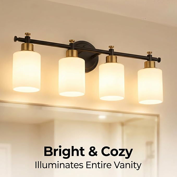 23 Inch 4-Light Bathroom Vanity Light, Modern Black and Gold Vanity Light | 23'' Bathroom Wall Sconce With White Frosted Glass Shades, Anti-Rust Vanity Light Fixture Over Mirror, E26(Bulb Not Include)