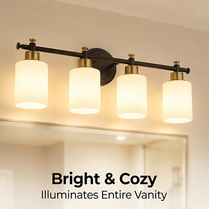 23 Inch 4-Light Bathroom Vanity Light, Modern Black and Gold Vanity Light | 23'' Bathroom Wall Sconce With White Frosted Glass Shades, Anti-Rust Vanity Light Fixture Over Mirror, E26(Bulb Not Include)
