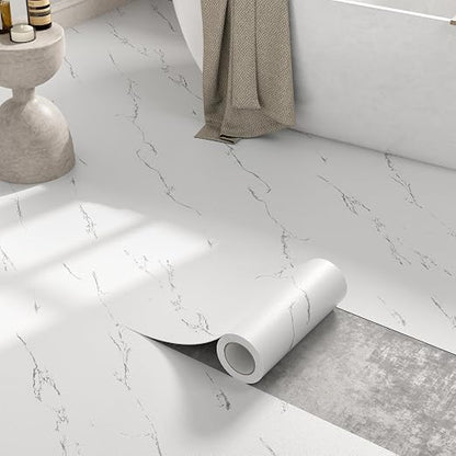 White Marble Peel and Stick Floor Tiles, A Roll of Vinyl Flooring Waterproof – 11.8" Width 590" Length, Self-Adhesive and Non-Slip Features for Bathroom, Kitchen and Living Room