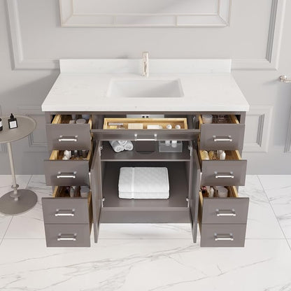 Capri III 48" Single Sink Bathroom Vanity With Stealth Organizer, Solid Wood Bathroom Cabinet with Engineered Stone Countertop & Backspalsh, Soft Closing Door & Drawer, Pre-Assembled, Mink