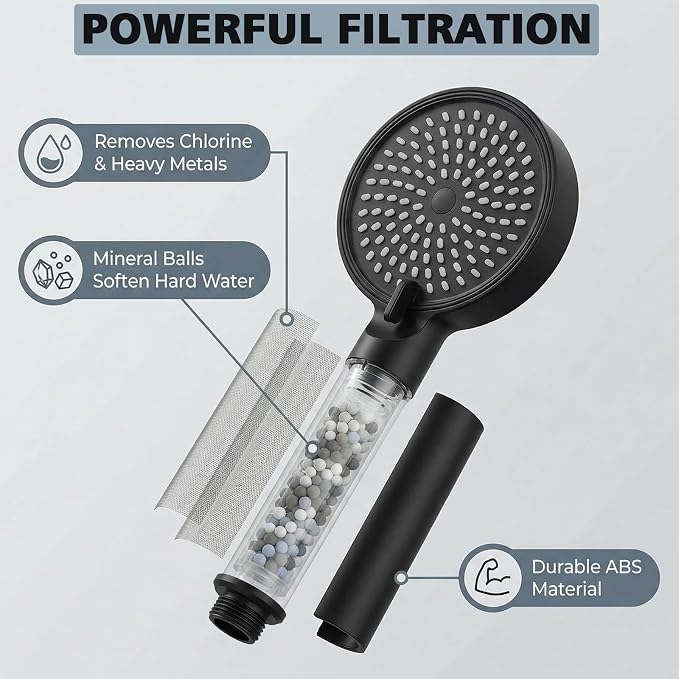 Filtered Shower Head with Handheld High Pressure 3 Spray Mode Showerhead | Detachable Shower Head Water Softener Filters Beads for Hard Water Remove Chlorine (Matte Black)