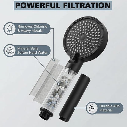 Filtered Shower Head with Handheld High Pressure 3 Spray Mode Showerhead | Detachable Shower Head Water Softener Filters Beads for Hard Water Remove Chlorine (Matte Black)