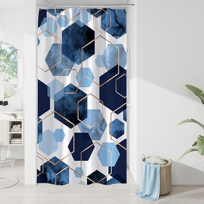 Litabel Small Stall Shower Curtain Set, Geometric Bathroom Decor 36x72 | Narrow Half Modern Minimalist Shower Curtais, Blue Geometric Art Print Abstract Waterproof Bath Curtain