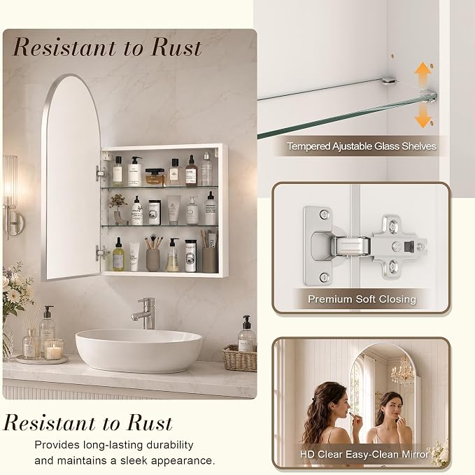 FKWin Medicine Cabinet Mirror for Bathrooms, Wall Mount Storage 20x30 inch | Bathroom Mirror with Storage, Modern Bathroom Style, Adjustable Shelves, Reversible Door, Space-Saving Design